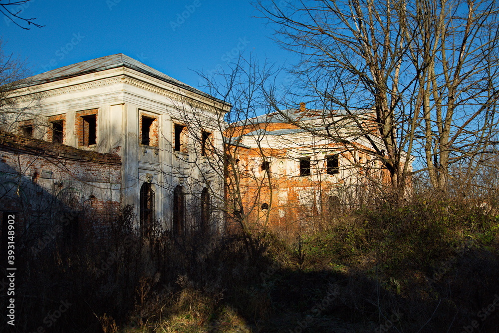 Ruins of the manor house of the abandoned Chernyshov estate, the village of Yaropolets, Moscow region of Russia.