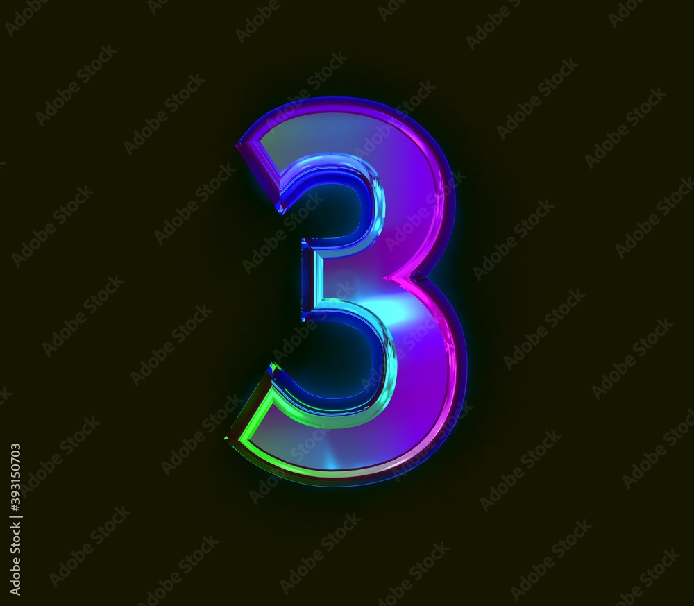 Naklejka premium Colorful dichroic film alphabet - number 3 isolated on grey background, 3D illustration of symbols