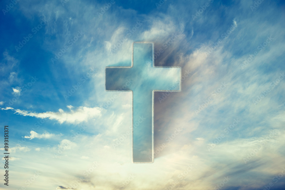 Gate to heaven. Shining cross in clouds on blue sky. Copy space. Ascension day concept. Christian Easter. Faith in Jesus Christ. Christianity. Church worship, salvation concept. Eternal life of soul