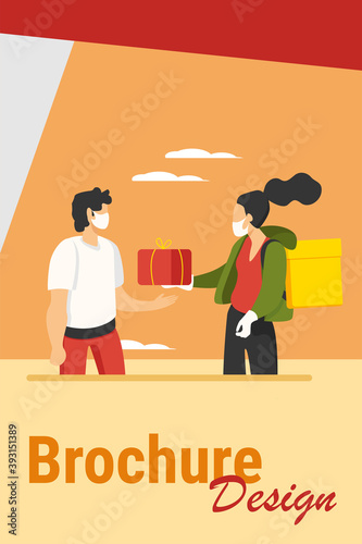 Young courier in mask delivering box to client. Parcel, package, quarantine flat vector illustration. Delivery service and pandemic concept for banner, website design or landing web page