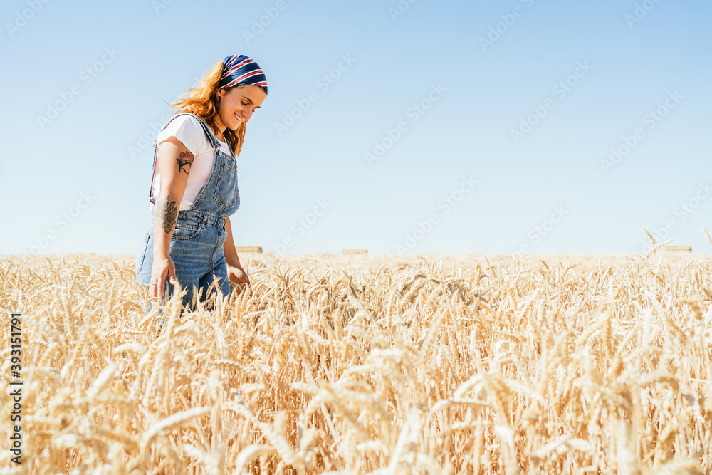 Side view of carefree female in denim overalls walking along wheat agricultural field and admiring amazing rural landscape in summer Side view of carefree female in denim overalls walking along wheat agricultural field and admiring amazing rural landscape in summer