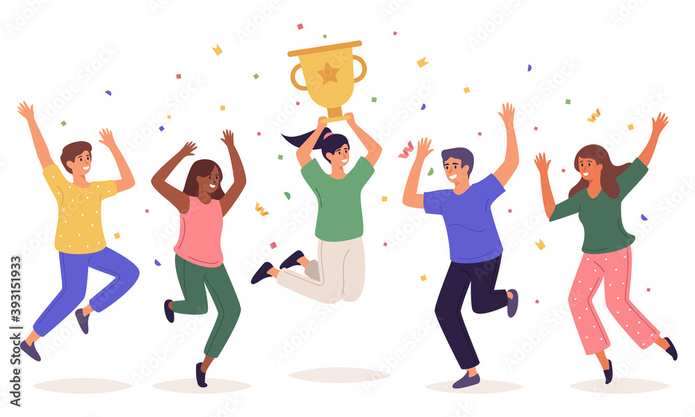 Jumping happy people. Winning team rewarded, successful teamwork people winning concept. vector flat illustration Jumping happy people. Winning team rewarded, successful teamwork people winning concept. vector flat illustration