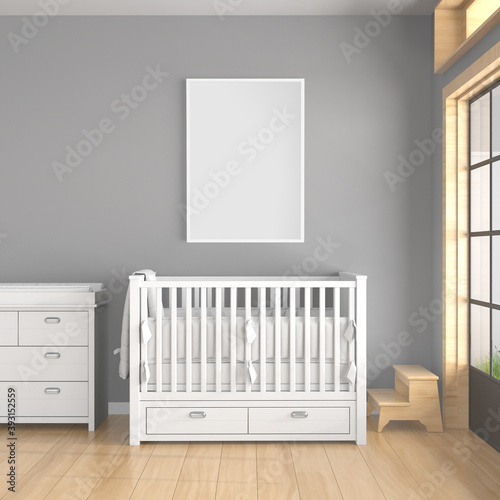 wooden frame on baby room wall mock up