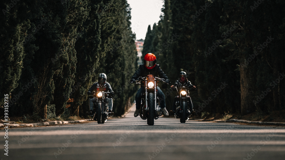 Group of bikers in black leather jackets and helmets riding powerful motorcycles on asphalt road leading between green forest in countryside Group of bikers in black leather jackets and helmets riding powerful motorcycles on asphalt road leading between green forest in countryside