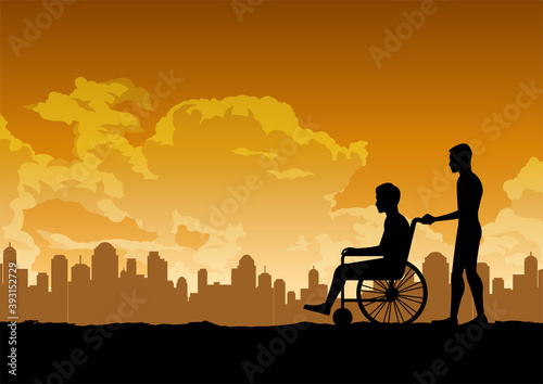 silhouette design of son carry his father that sit in the wheelchair ,vector illustration