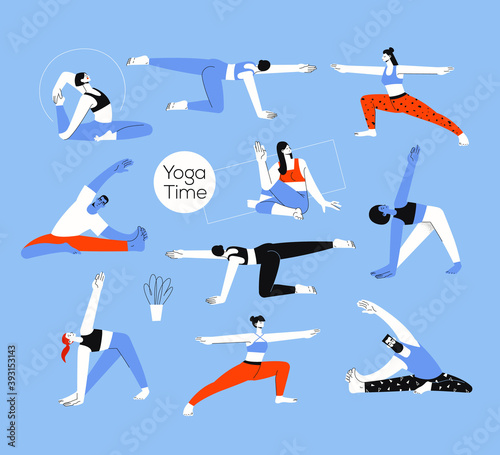 Set of men and women figures in the yoga poses on a blue background in a flat style. Vector illustration. yoga health benefits of the body, mind and emotions.