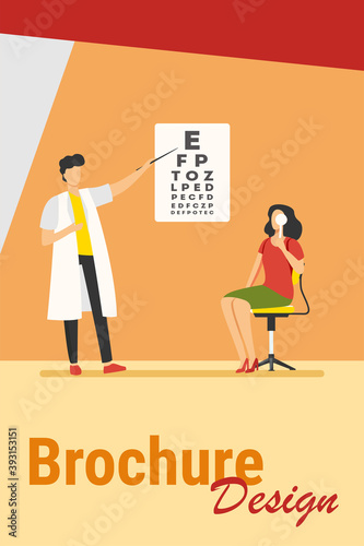 Woman examining eyes with help of ophthalmologist. Oculist, letter, hospital flat vector illustration. Medicine and healthcare concept for banner, website design or landing web page