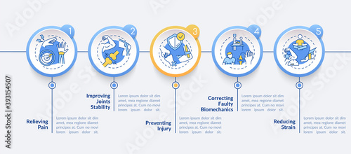 Injury recovery vector infographic template. Physical rehab. Body healthcare presentation design elements. Data visualization with 5 steps. Process timeline chart. Workflow layout with linear icons