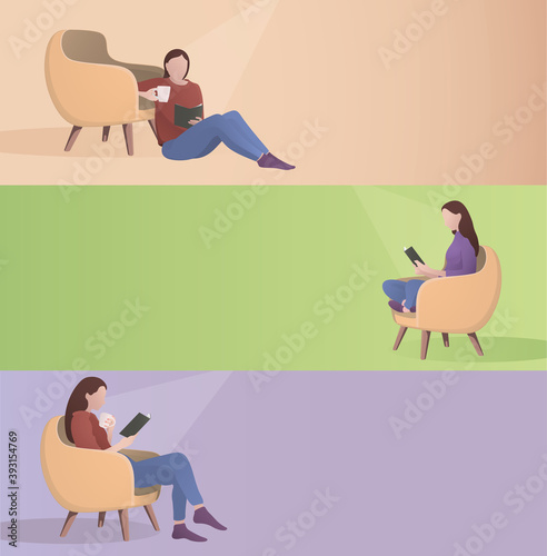 Woman reading book in chair flat style vector collection  