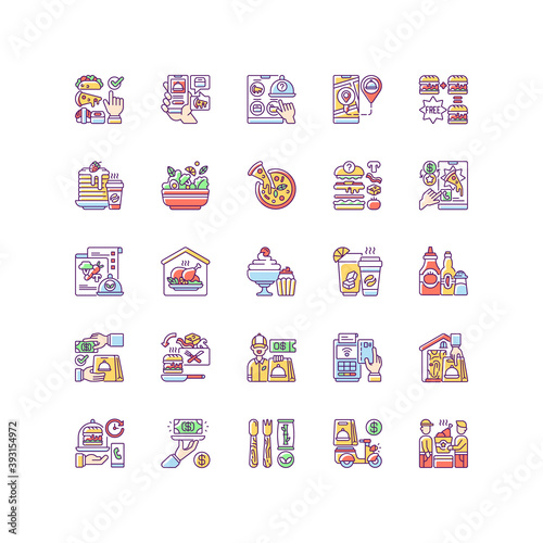 Food delivery RGB color icons set. Courier service. Online ordering for takeout. Limiting exposure to coronavirus. Salads, pizza, drinks. Fast-food options. Isolated vector illustrations