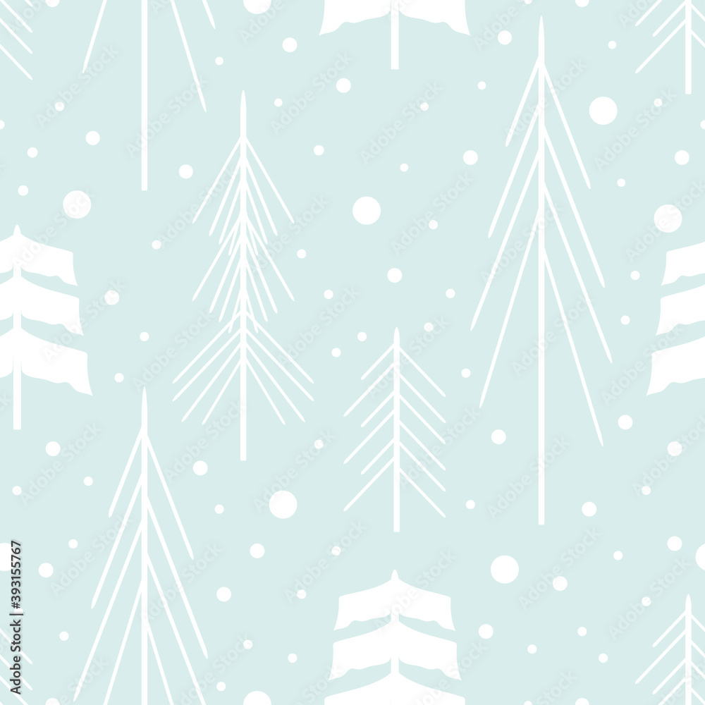 Seamless pattern with white trees and snowing