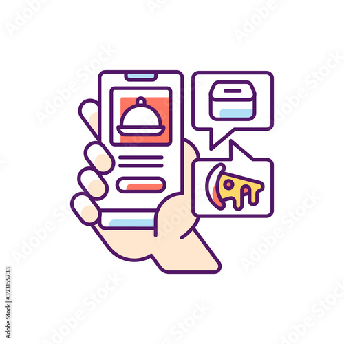 Food delivery app RGB color icon. Menu online. Easy payment. Ordering takeout during lockdowns and quarantines. Estimated time and distance. Appetizers, mains, desserts. Isolated vector illustration