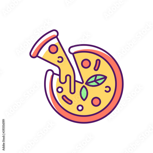 Pizza RGB color icon. Prepared food. Italian origin dish. Junk foods. Dough, tomato sauce and mozzarella toppings. Tasty cheese pie. Restaurants specializing in pizza. Isolated vector illustration
