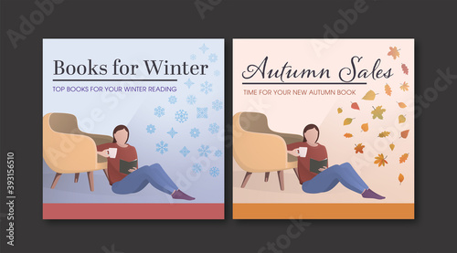 Woman reading book flat style vector illustration bookshop promotion