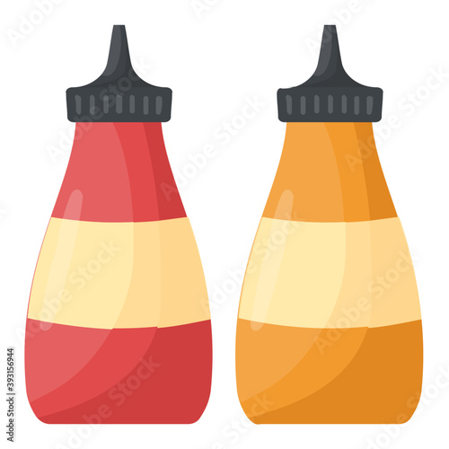 
A tomato ketchup and mustard plastic squeeze bottles
