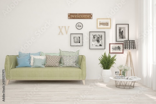 White living room with sofa. Scandinavian interior design. 3D illustration