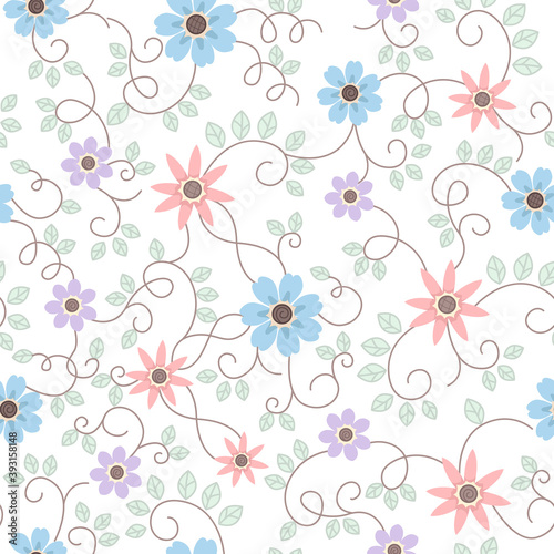 Seamless surface repeat vector pattern with little blue, purple and peach flowers and green leaf vines on a white background