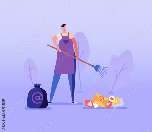 Man with broom sweeps away mail, spam, likes, reposts. Concept of digital detox, disconnecting, mediastika, device free zone, internet addiction. Vector illustration in flat design.