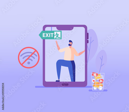 Man leaves a smartphone in a zone without gadgets. Concept of digital detox, disconnecting, mediastika, device free zone, internet addiction, phubbing. Vector illustration in flat design.