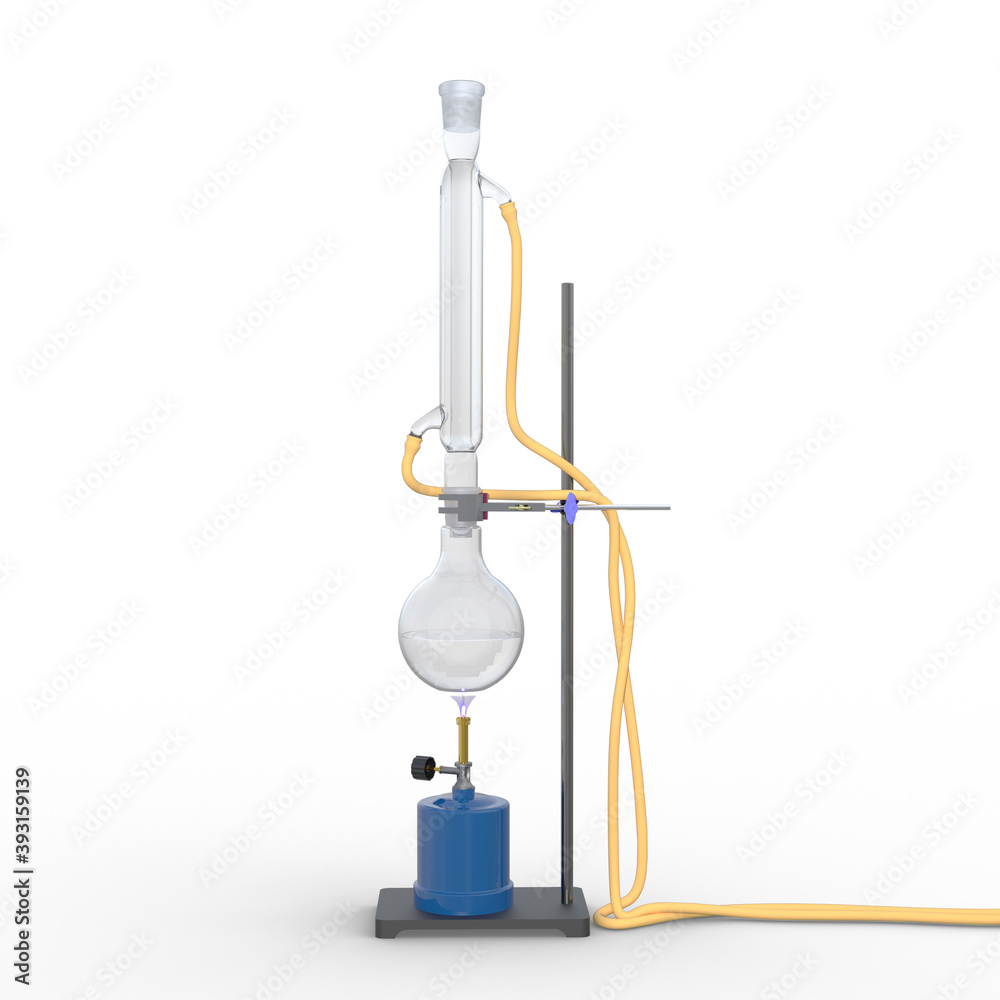 3d rendering of a reflux process of a mixture using a Liebig condenser. Isolated on white