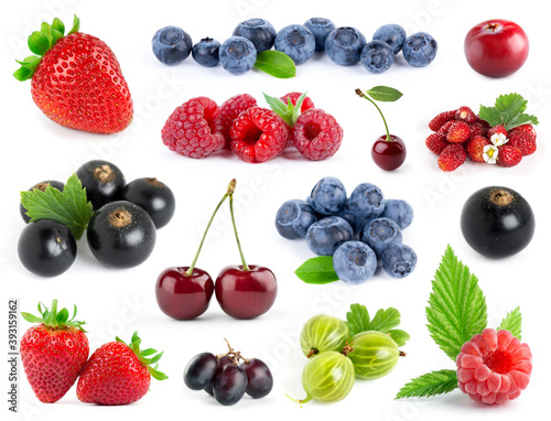 Fruits. Collection of berries on white background. Strawberry  blueberry  grape  black currant  gooseberry  cherry and raspberry.
