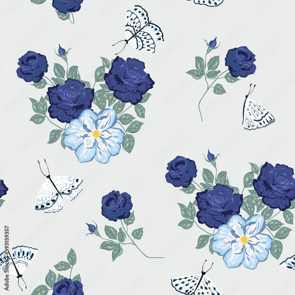 Seamless pattern with  flowers and butterflies on light background. Floral retro print. Vector illustration