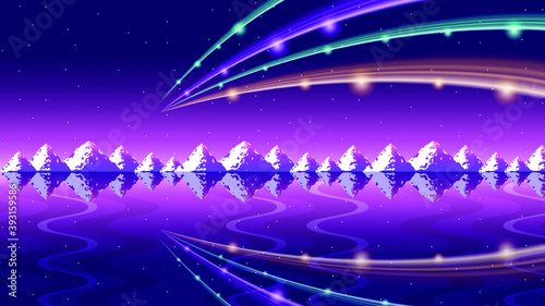 Abstract Sky Northern Lights Glow Gradient Background Vector With Mountains Water Vector Design Style
