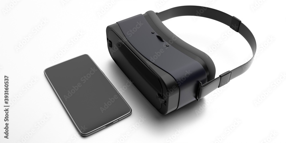 Virtual reality helmet and smartphone isolated on white background. 3d illustration Virtual reality helmet and smartphone isolated on white background. 3d illustration