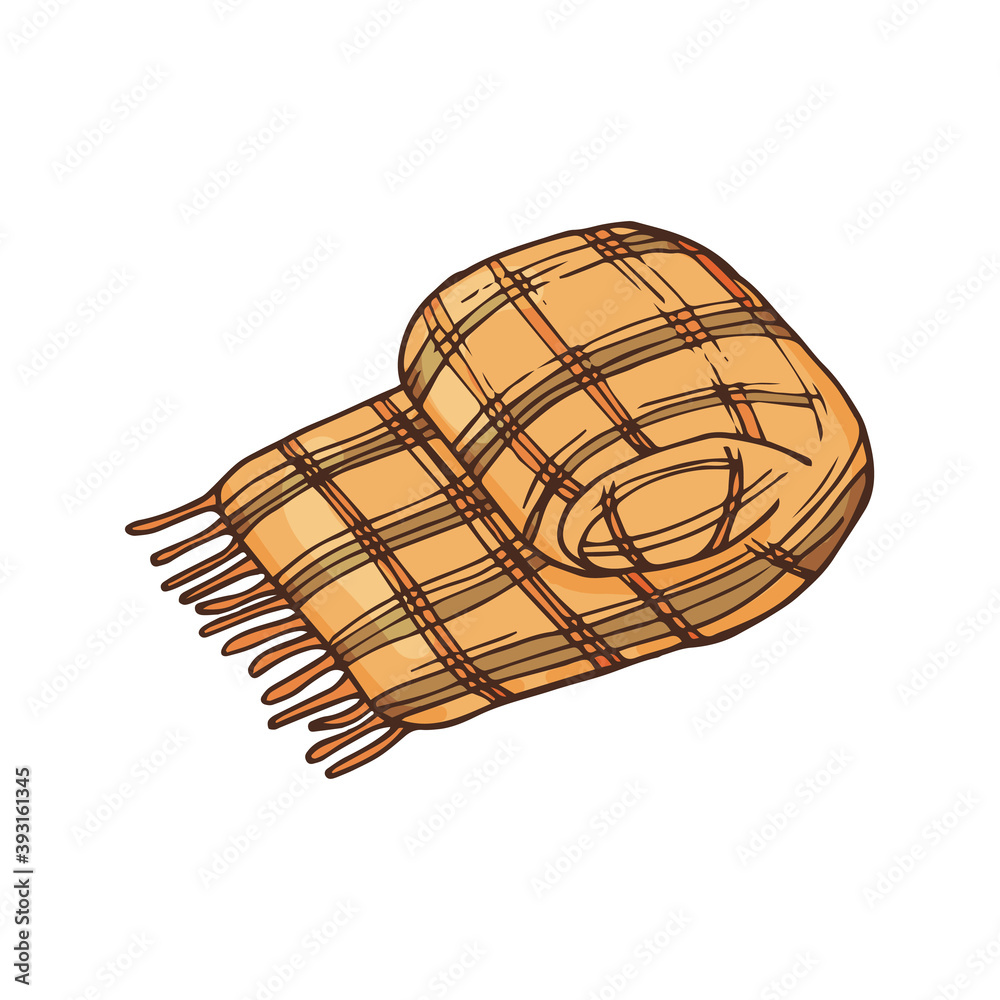 Scarf, check plaid with fringe. Сoncept cozy home, morning mood. Hand drawn vector illustration in doodle style outline drawing isolated on white background.