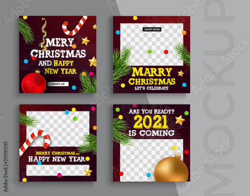Merry Christmas and New Year banner editable template. Set of social media mobile app for shopping, sale, product promotion. 