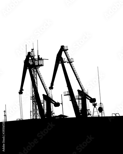 Large cranes in the seaport. Isolated silhouettes on white background