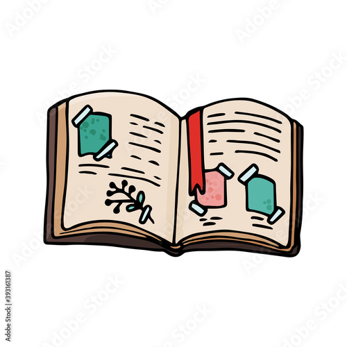 Single open book, diary, artbook icon.  Сoncept cozy home, hygge. Hand drawn vector illustration in doodle style outline drawing isolated on white background.