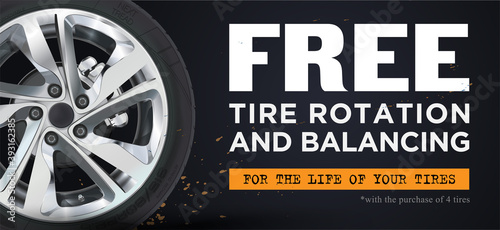 Vector automotive banner template. Car tire tracks background for landscape poster, digital banner, flyer, booklet, brochure and web design. Editable graphic image in black colors.