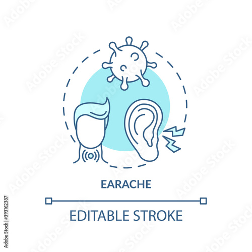 Earache concept icon. Sore throat complication idea thin line illustration. Sharp, dull and burning pain. Outer and middle ear infections. Vector isolated outline RGB color drawing. Editable stroke