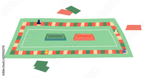 Table game with cards, playing chips. Monopoly game concept. Playing interesting table game. Logic game, training brain, leisure, hobby, recreation, fun time. Isolated cartoon flat illustration