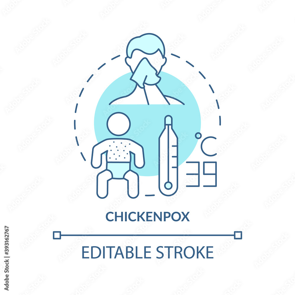 Chickenpox concept icon. Varicella idea thin line illustration. Childhood viral illness. Small, itchy fluid-filled blisters on skin. Vector isolated outline RGB color drawing. Editable stroke Chickenpox concept icon. Varicella idea thin line illustration. Childhood viral illness. Small, itchy fluid-filled blisters on skin. Vector isolated outline RGB color drawing. Editable stroke