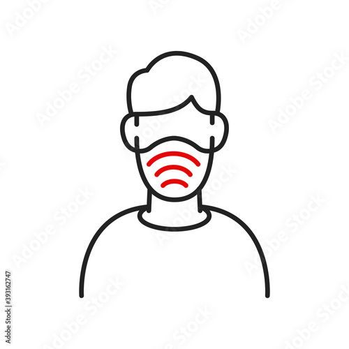 Man in face mask line icon, vector pictogram of disease prevention. Protection wear from coronavirus, air pollution, dust, flu illustration, sign for medical equipment store.