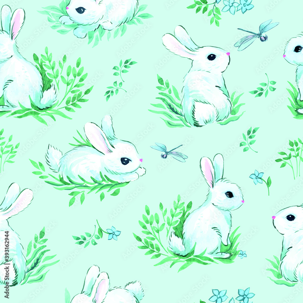 white rabbits on a light blue background with floral and plant elements in a watercolor style. vector seamless illustration white rabbits on a light blue background with floral and plant elements in a watercolor style. vector seamless illustration