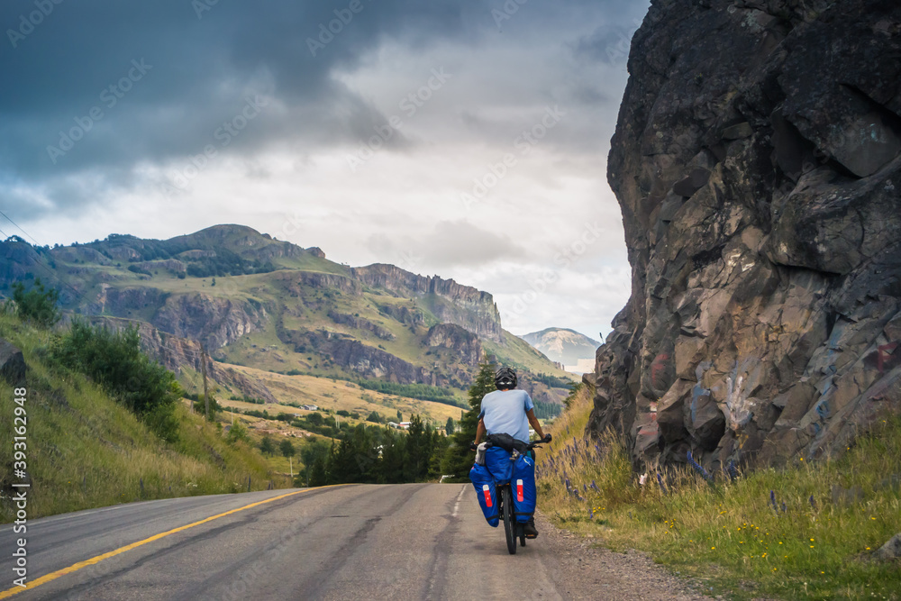 Bike tour by the Carretera Austral landscape at Patagonia - Chile.