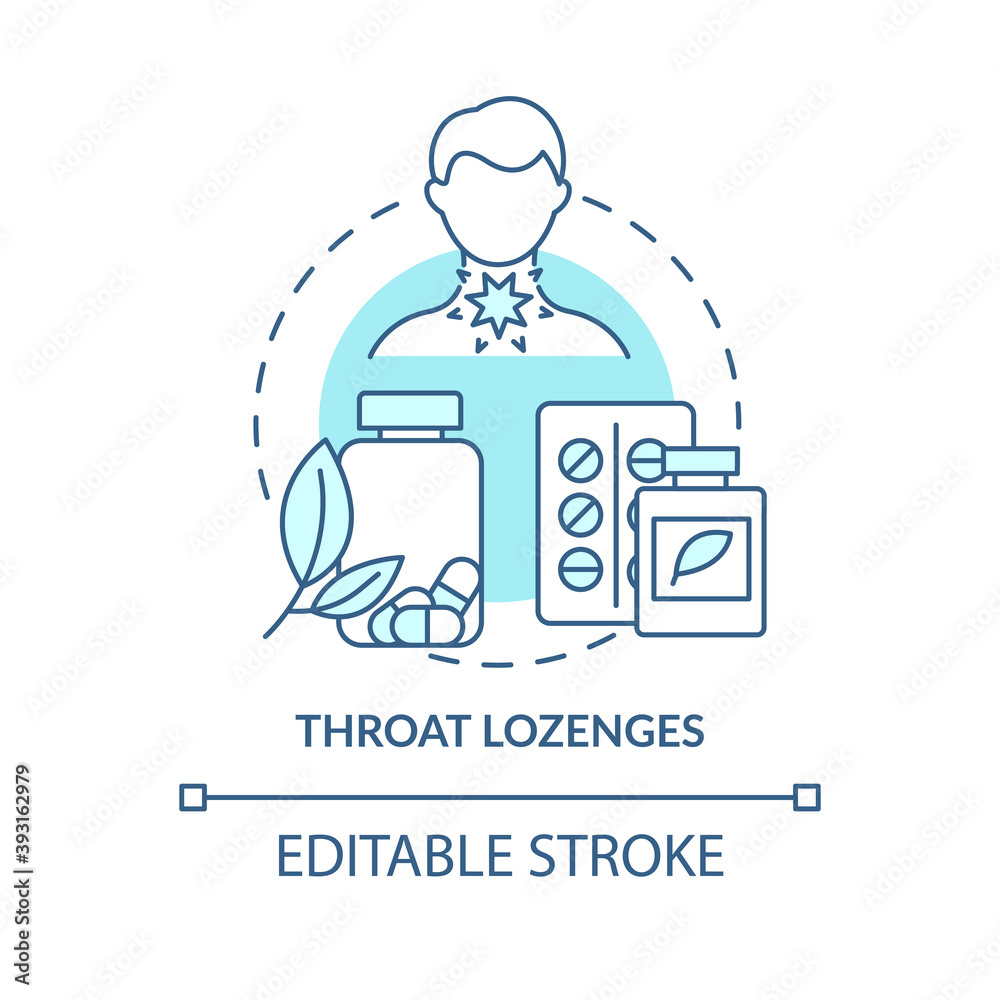Throat lozenges concept icon. Sore throat treatment idea thin line illustration. Relief for soreness. Honey and menthol ingredients. Vector isolated outline RGB color drawing. Editable stroke Throat lozenges concept icon. Sore throat treatment idea thin line illustration. Relief for soreness. Honey and menthol ingredients. Vector isolated outline RGB color drawing. Editable stroke