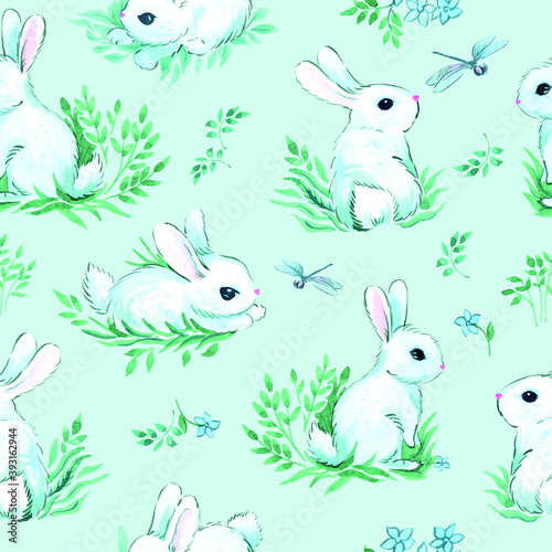 white rabbits on a light blue background with floral and plant elements in a watercolor style. vector seamless illustration