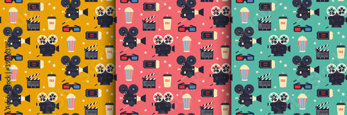 Movie themed seamless pattern - retro cinema print design on yellow, red, and blue background