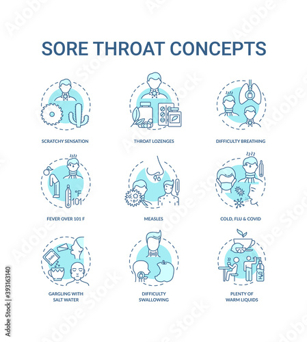 Sore throat concept icons set. Cold, flu and covid idea thin line RGB color illustrations. Gargling with salt water. Fever over 101 F. Vector isolated outline drawings. Editable stroke