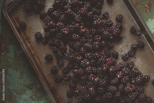 Overhead view of blackberries in tray