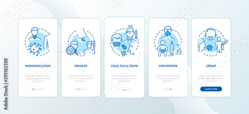 Viral pharyngitis causes onboarding mobile app page screen with concepts. Mono, measles, chickenpox walkthrough 5 steps graphic instructions. UI vector template with RGB color illustrations