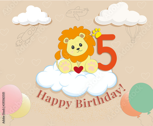 cute baby lion sitting on a cloud 5years old gift card happy birthday warm colors © Yulia