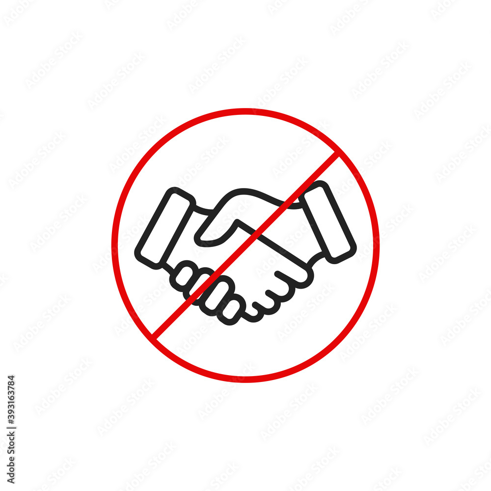 No handshake icon with red forbidden sign, avoiding physical contact and corona virus infection. No handshake icon with red forbidden sign, avoiding physical contact and corona virus infection.