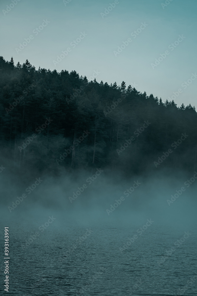 Fog in the lake. Bozcaarmut lake in Bilecik Turkey in the autumn early morning.