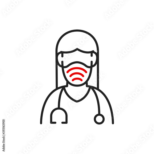 National Nurses Day vector. Female nurse with stethoscope icon vector. Caucasian medic woman icon vector. Woman doctor wearing protective mask icon. Nurse with medicine mask icon vector.