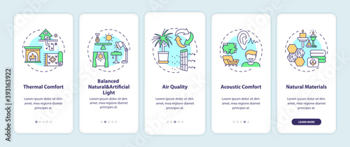 Comfortable home onboarding mobile app page screen with concepts. Natural, artificial light. Indoor space walkthrough 5 steps graphic instructions. UI vector template with RGB color illustrations